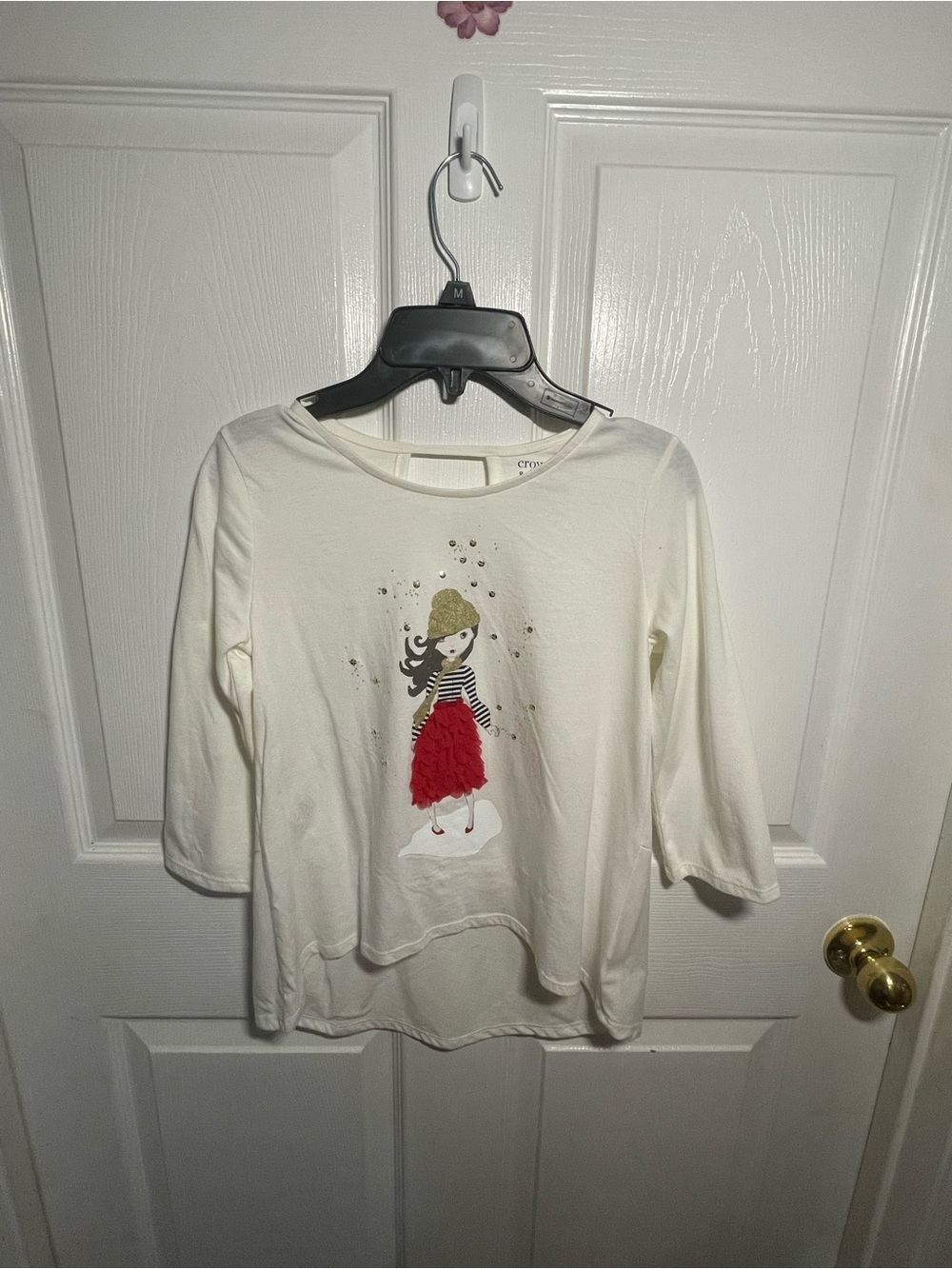 Crown and Ivy Girls Ivory Graphic Long-Sleeve Top with Red Skirt Detail